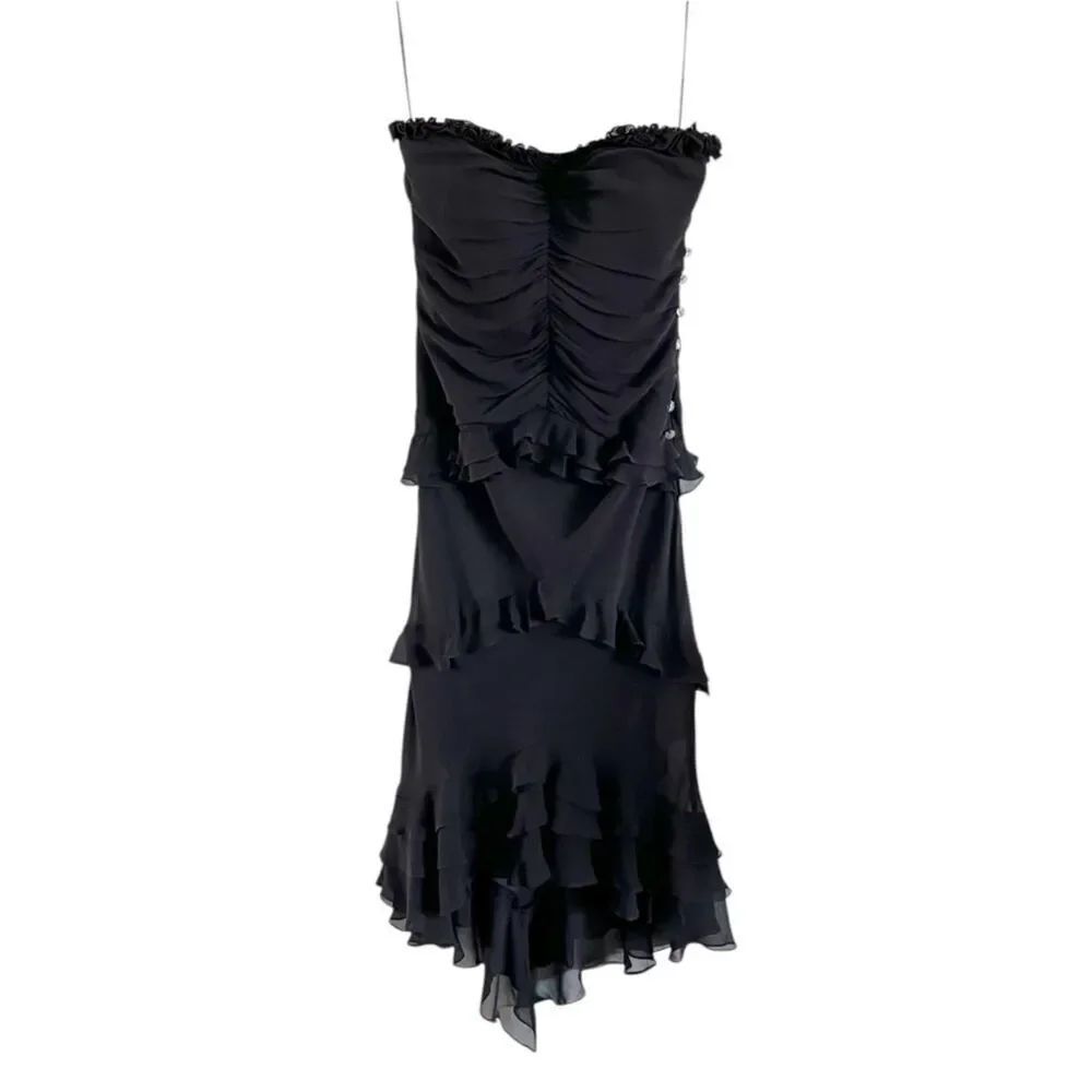 Vintage Cache Y2K Silk Strapless Ruched Ruffle Midi Evening Dress